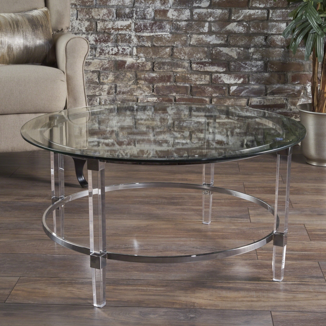 Lynn Modern Round Tempered Glass Coffee Table With Acrylic And Iron Accents