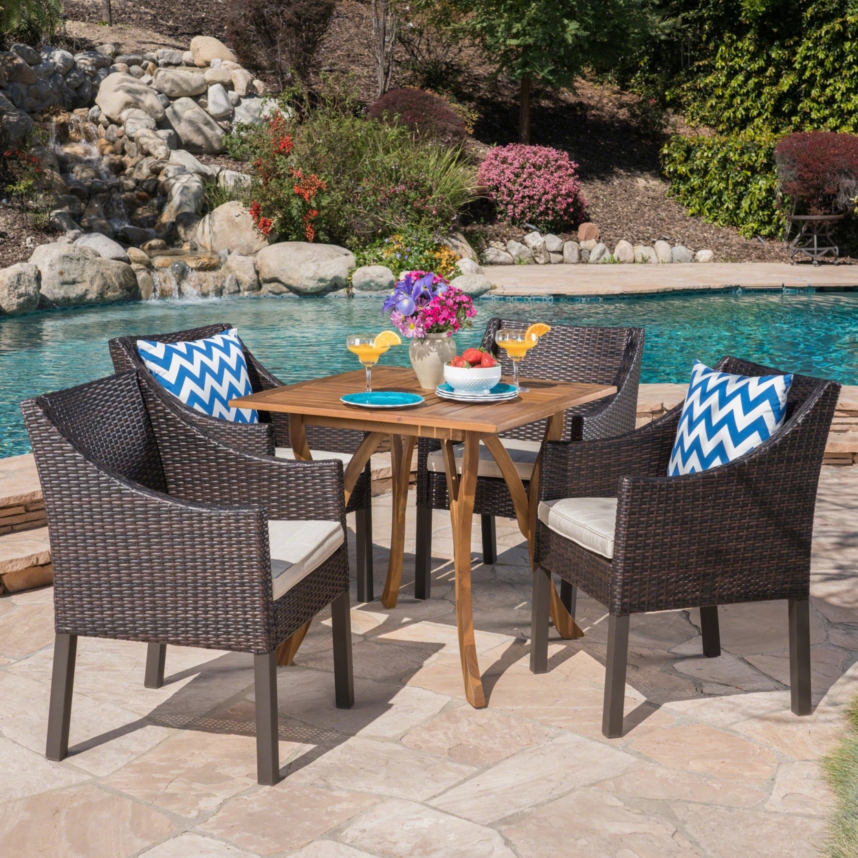 Marcy Outdoor 5 Piece Acacia Wood/ Wicker Dining Set With Cushions, Teak Finish And Multibrown With Beige