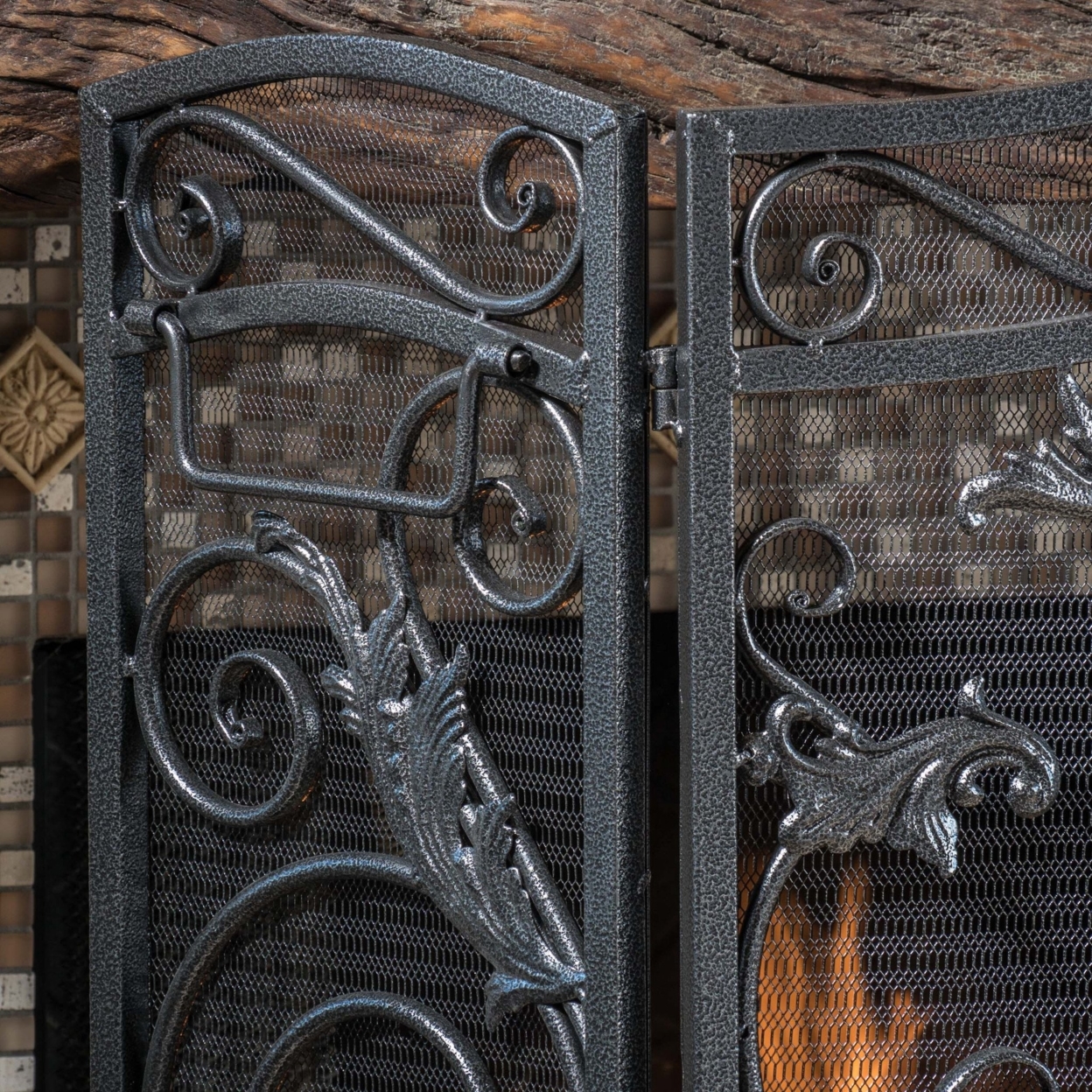 Mariella Black Silver Finish Floral Iron Fireplace Screen