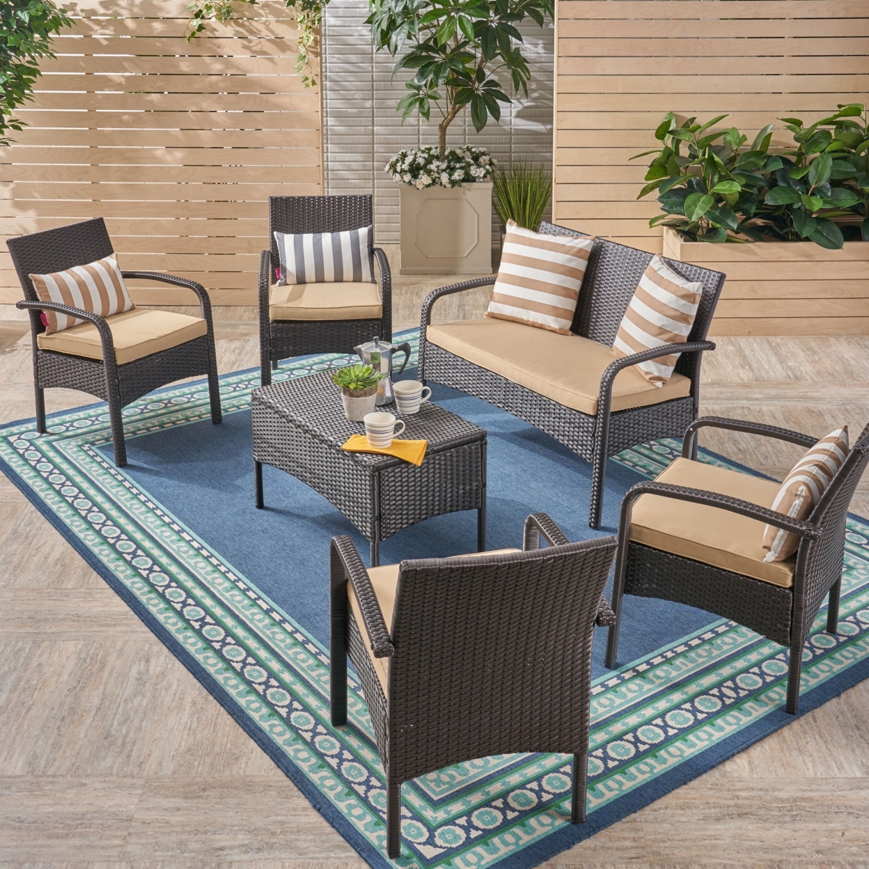 Mavis Patio Conversation Set, 6-Seater With Loveseat, Club Chairs, And Coffee Table, Brown Wicker With Tan Outdoor Cushions