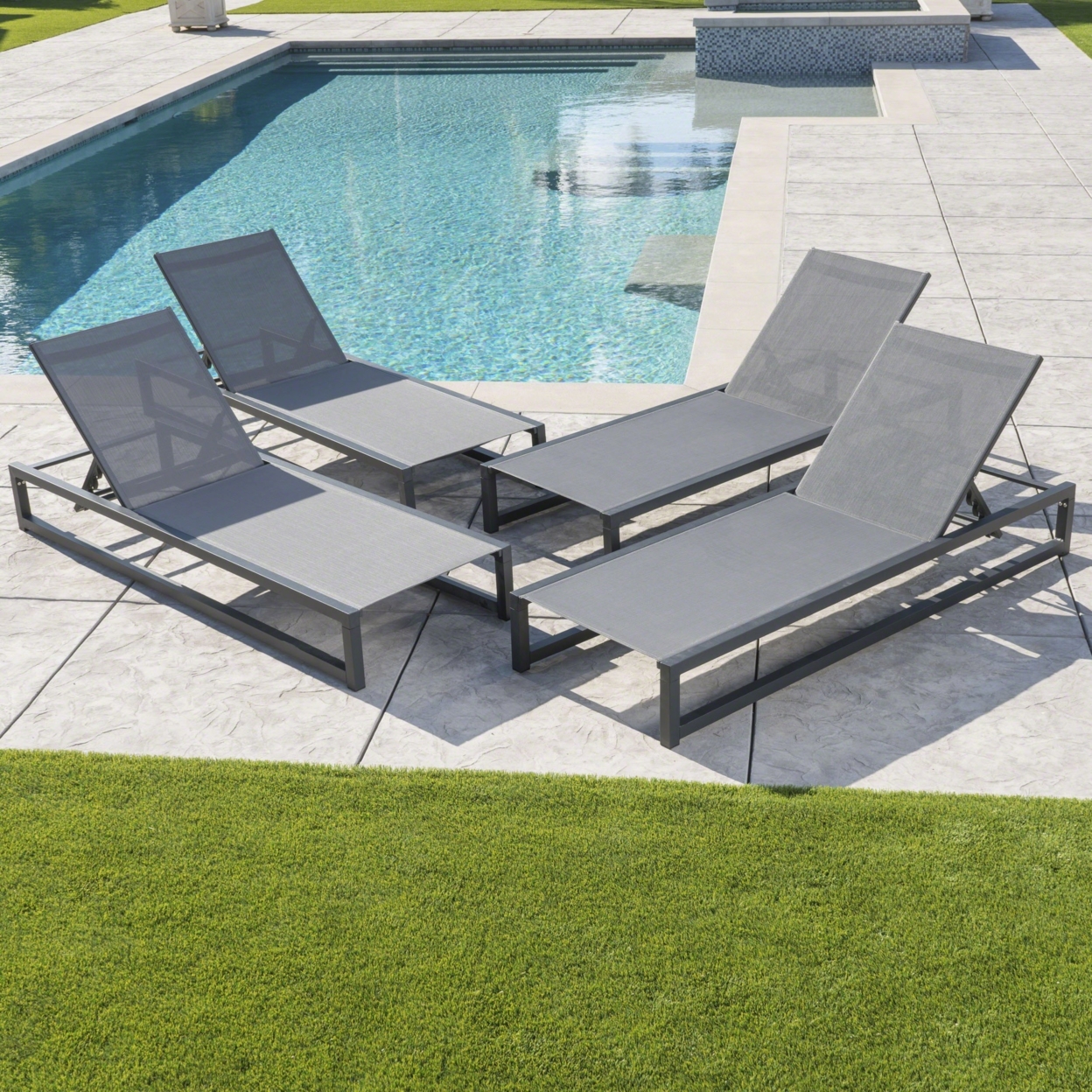 Mottetta Outdoor Finished Aluminum Framed Chaise Lounge With Mesh Body - Black/gray, Set Of 4