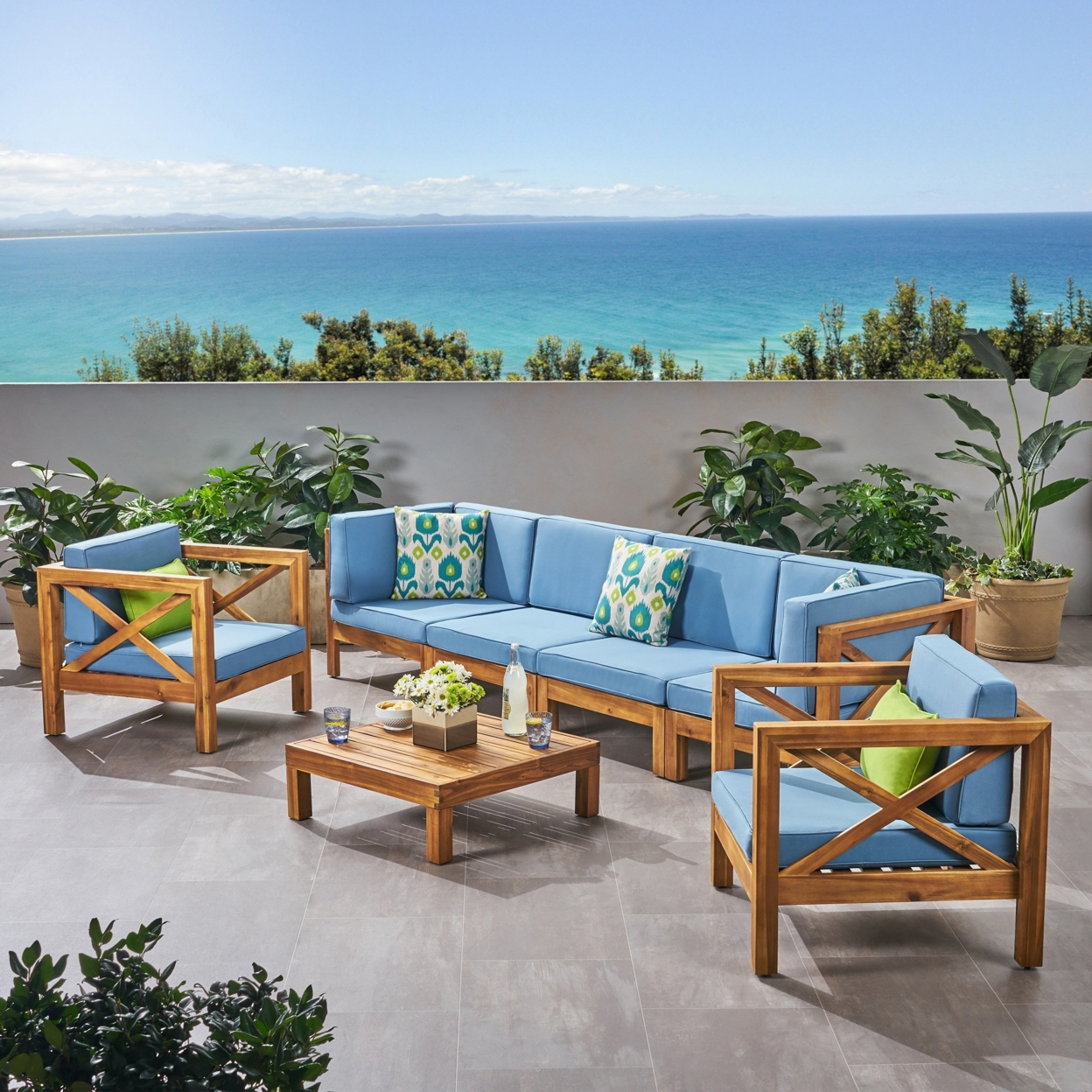 Morgan Outdoor 6 Seater Acacia Wood Sofa Chat Set - Teak + Blue