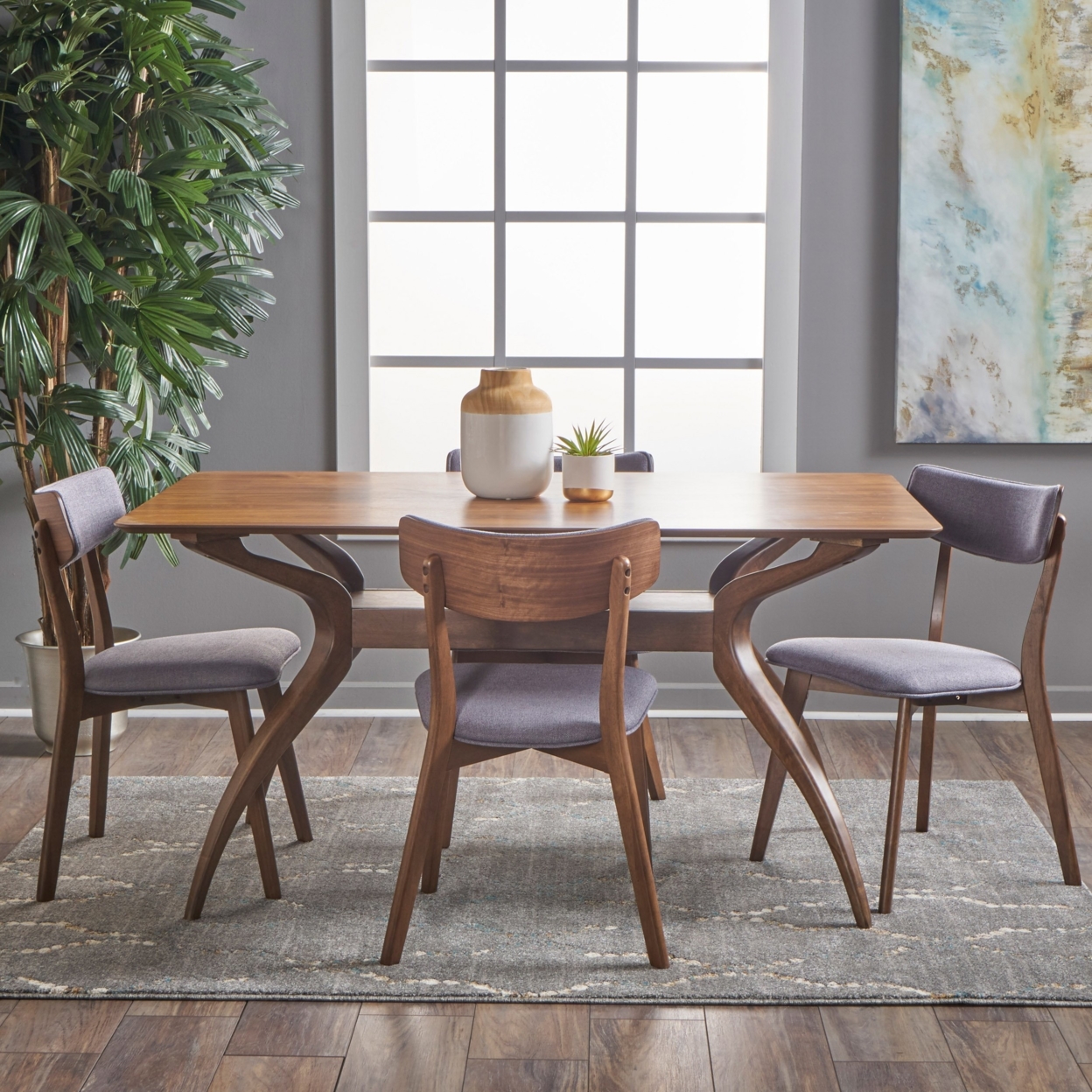 Nerron Mid Century Finished 5 Piece Wood Dining Set With Fabric Chairs - Dark Gray