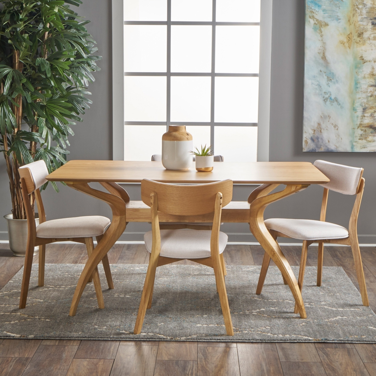 Nasseen Mid Century Finished 5 Piece Wood Dining Set With Fabric Chairs - Light Beige