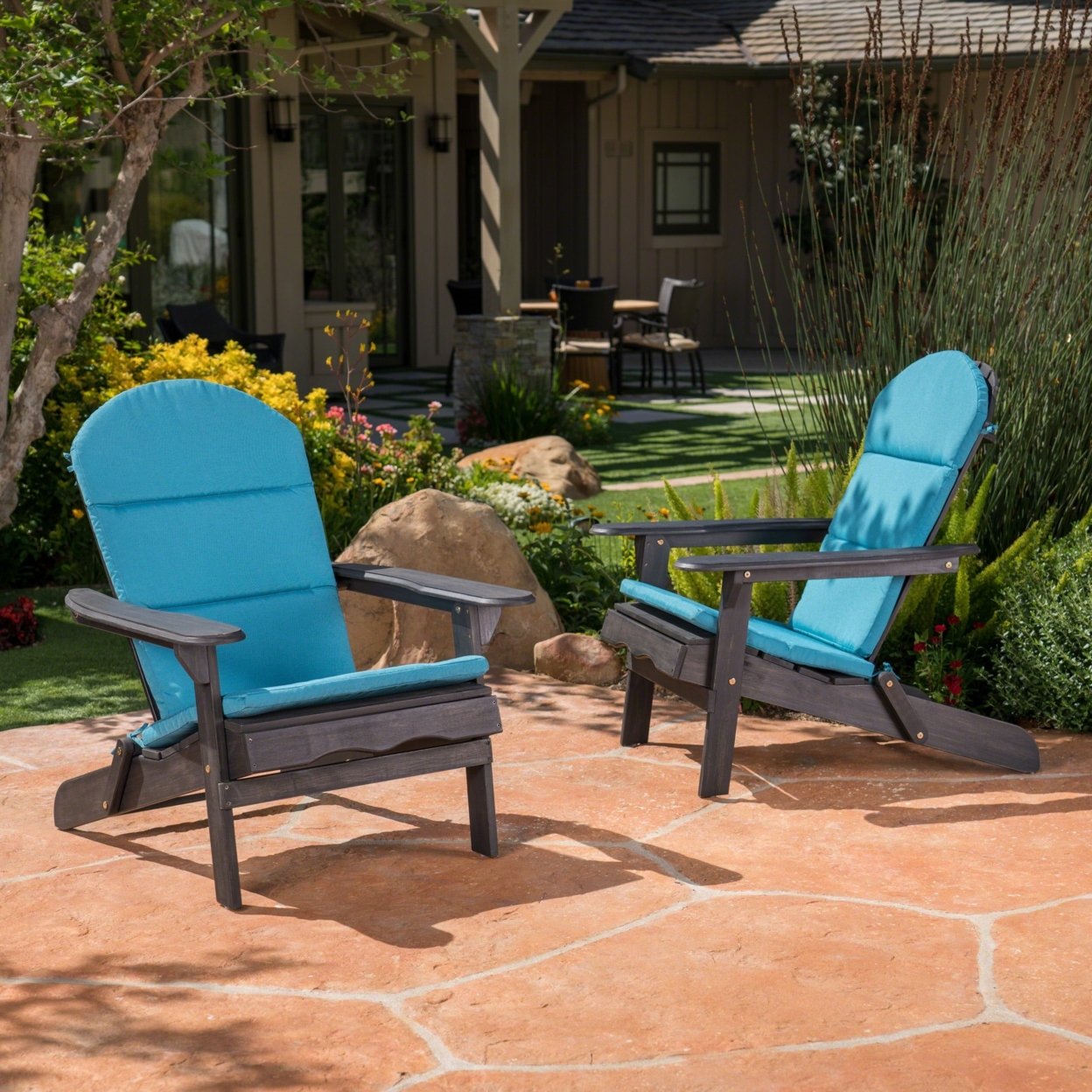 Nelie Outdoor Acacia Wood Adirondack Chairs With Cushions - Dark Teal, Set Of 2