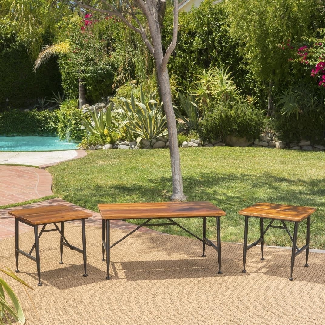 Ocana Outdoor Rustic Industrial Acacia Wood Coffee Table And Accent Table Set With Metal Frame