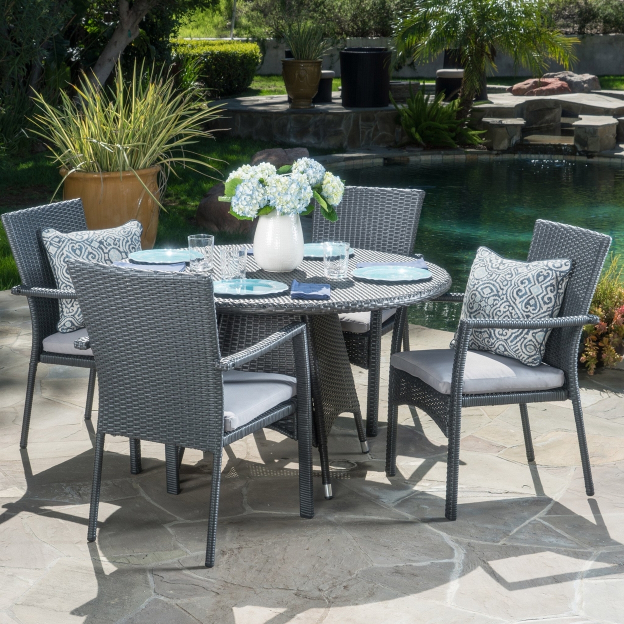 Oxford Outdoor 5 Piece Grey Wicker Dining Set With Cushions