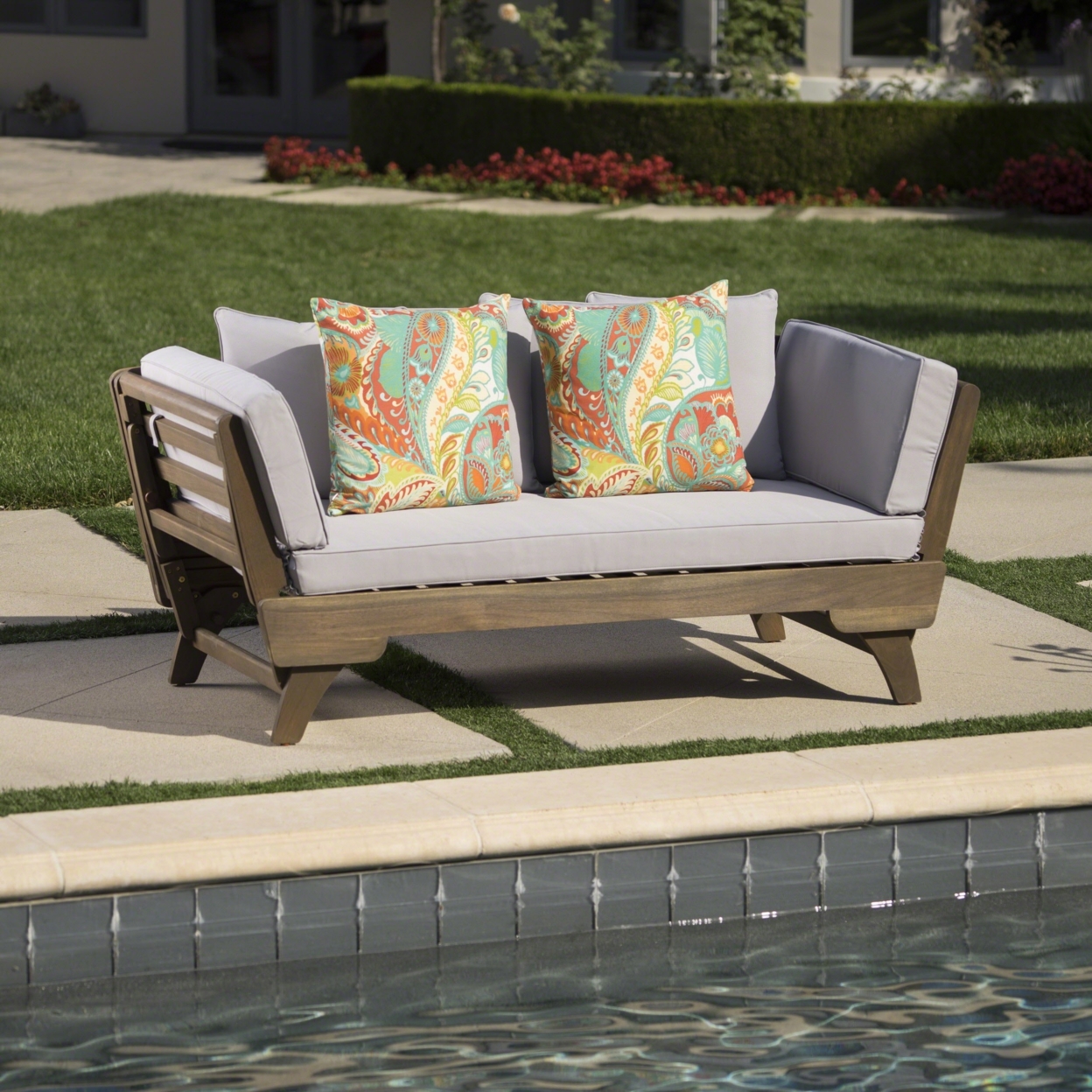 Othello Outdoor Gray Finished Acacia Wood Daybed With Water Resistant Cushions