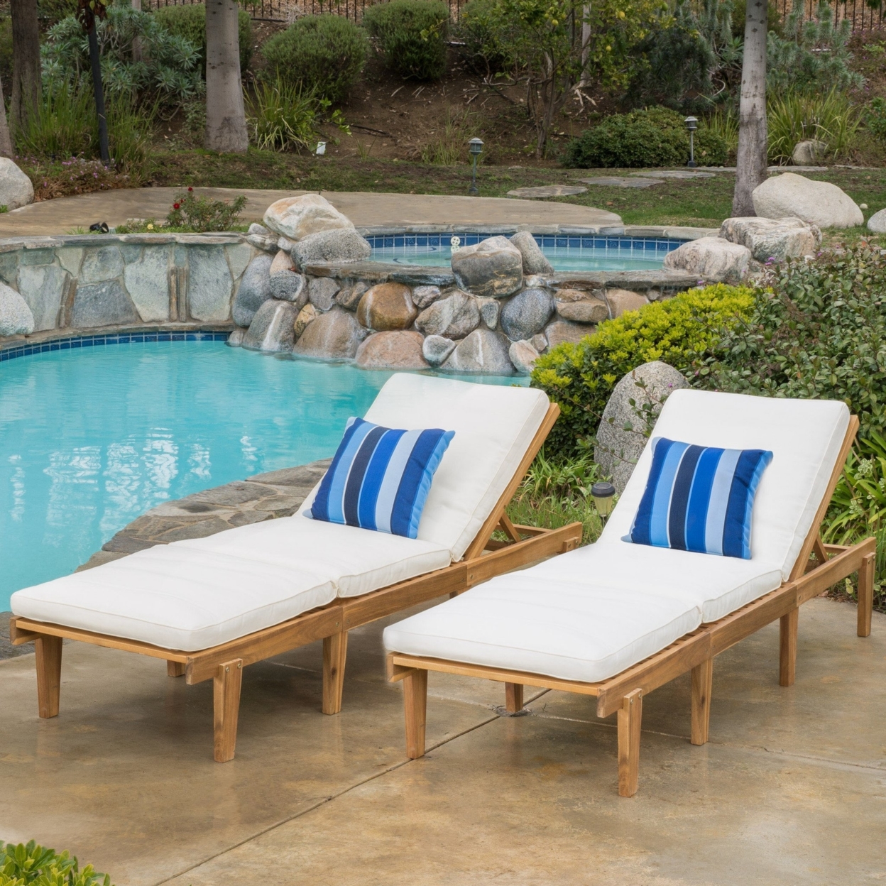 Paolo Outdoor Teak Brown Wood Chaise Lounge With Cushion (Set Of 2)