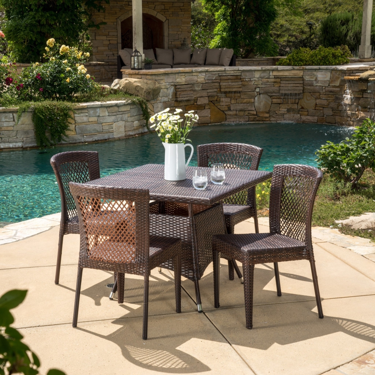 Perry Outdoor 5pc Multibrown Wicker Square Dining Set