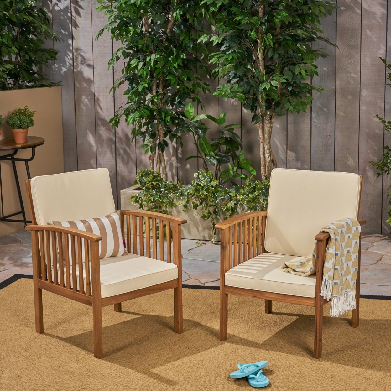 Ray Acacia Outdoor Acacia Wood Club Chairs With Cushions - Cream, Gray, Set Of 2
