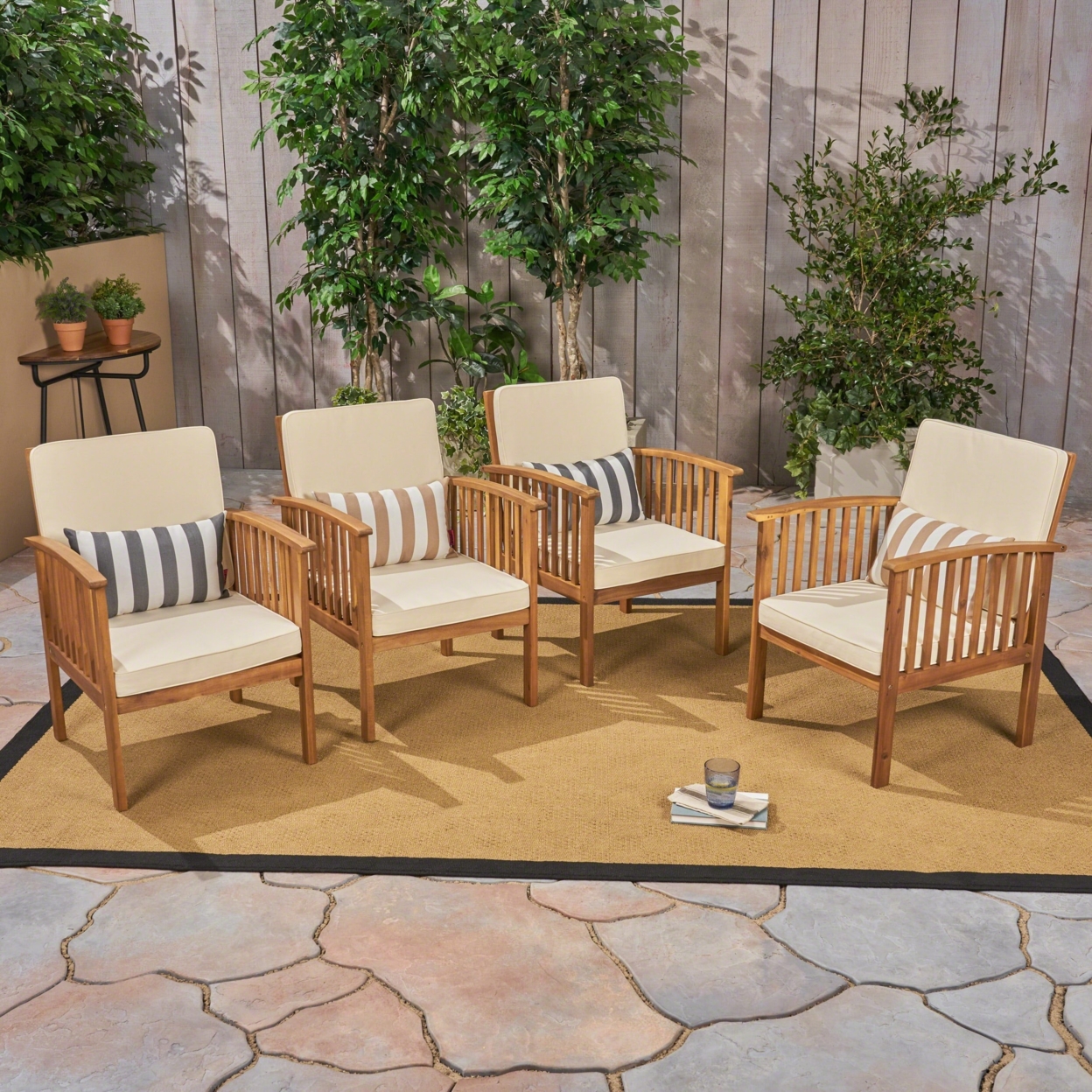 Ray Acacia Outdoor Acacia Wood Club Chairs With Cushions - Cream, Brown Patina, Set Of 4