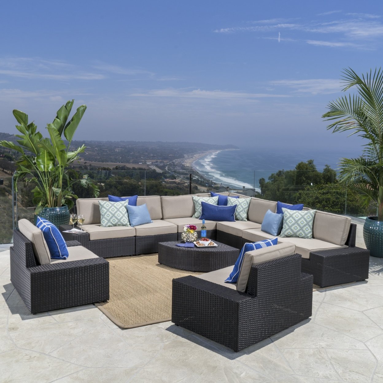 Reddington Outdoor Wicker Sectional Set With Cushions - Gray / White, 8-Piece Set