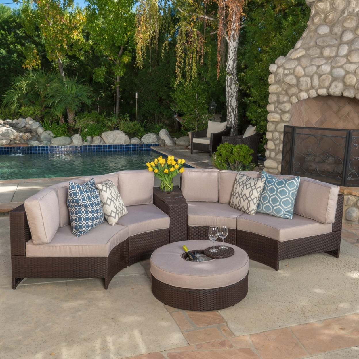Riviera 6pc Outdoor Sectional Sofa Set With Storage Trunk & Ice Bucket - Beige