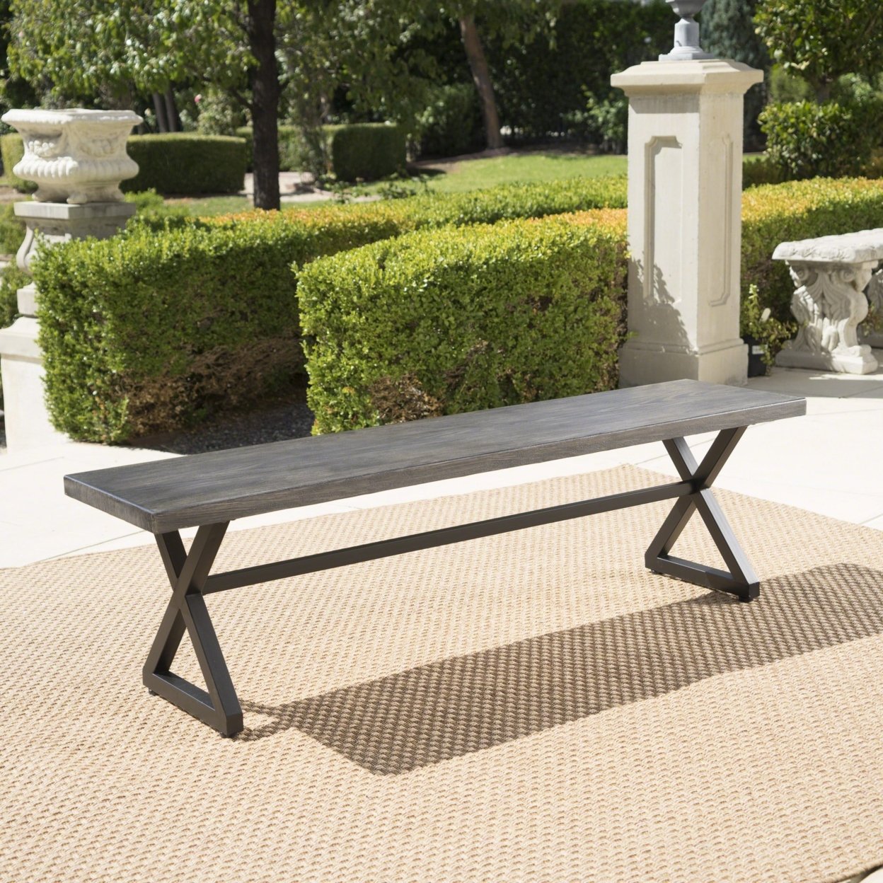 Rosarito Outdoor Aluminum Dining Bench With Black Steel Frame - Brown