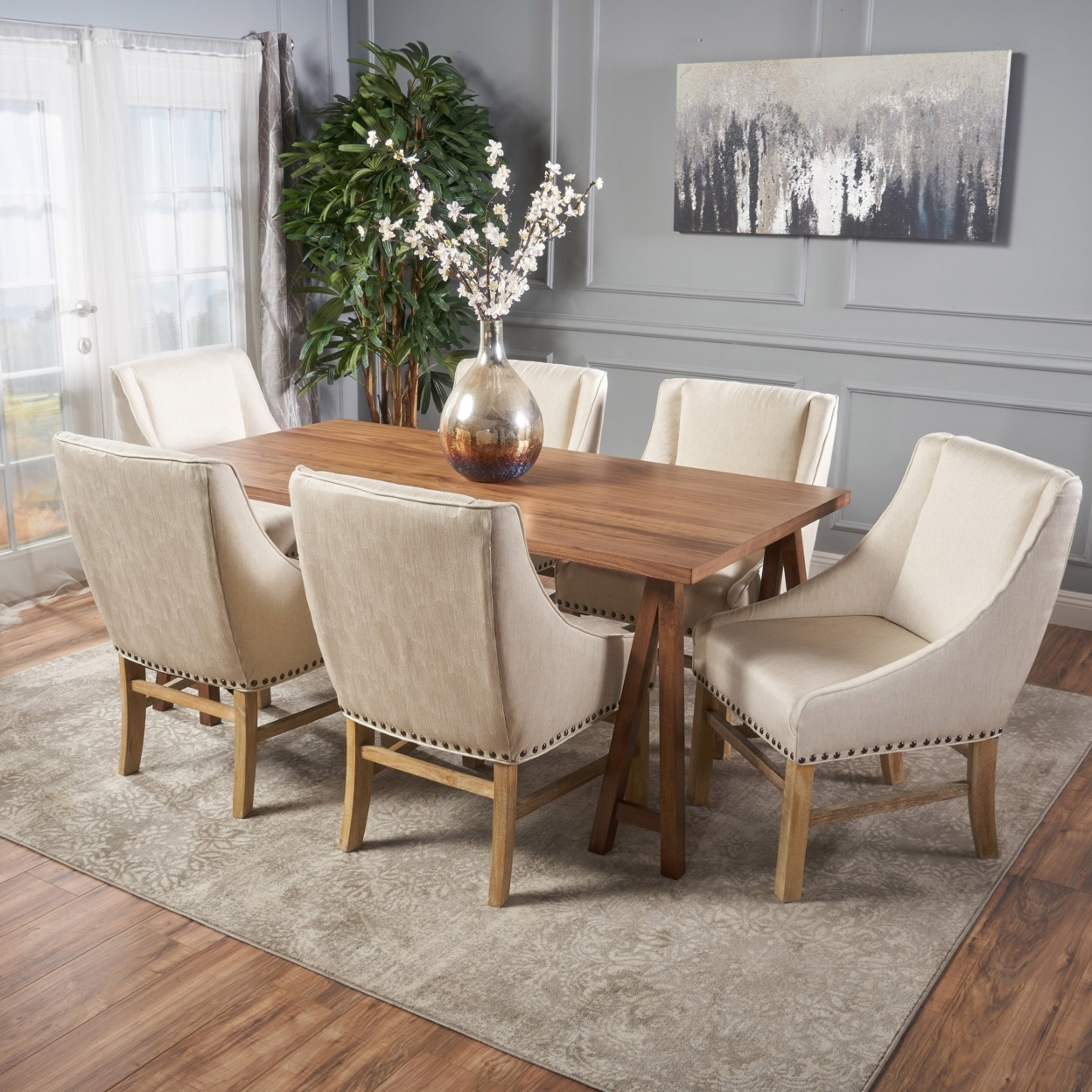 Sandor Farmhouse 7 Piece Dining Set With Fabric Dining Chairs - Silver