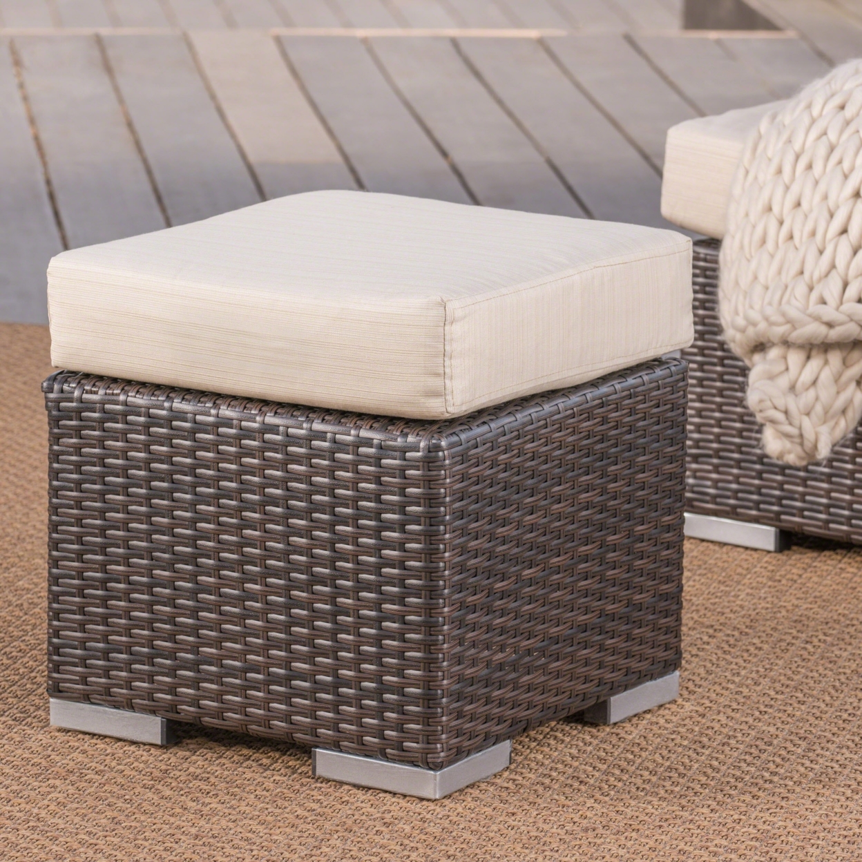 Santa Rosa Outdoor 16 Inch Wicker Ottoman Seat With Water Resistant Cushion - Gray/silver, Single