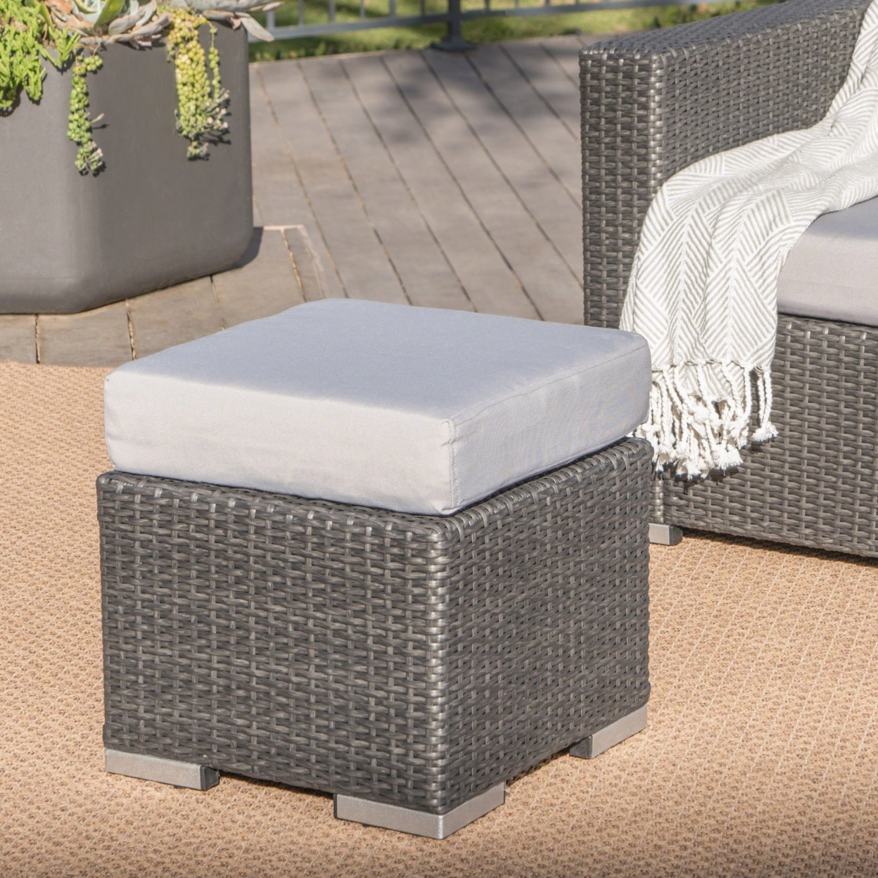 Santa Rosa Outdoor 16 Inch Wicker Ottoman Seat With Water Resistant Cushion - Gray/silver, Single
