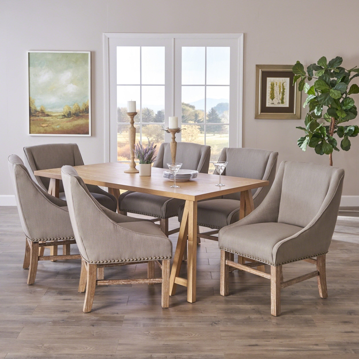 Sarrave Farmhouse Natural Oak Dining Set With Silver Fabric Dining Chairs