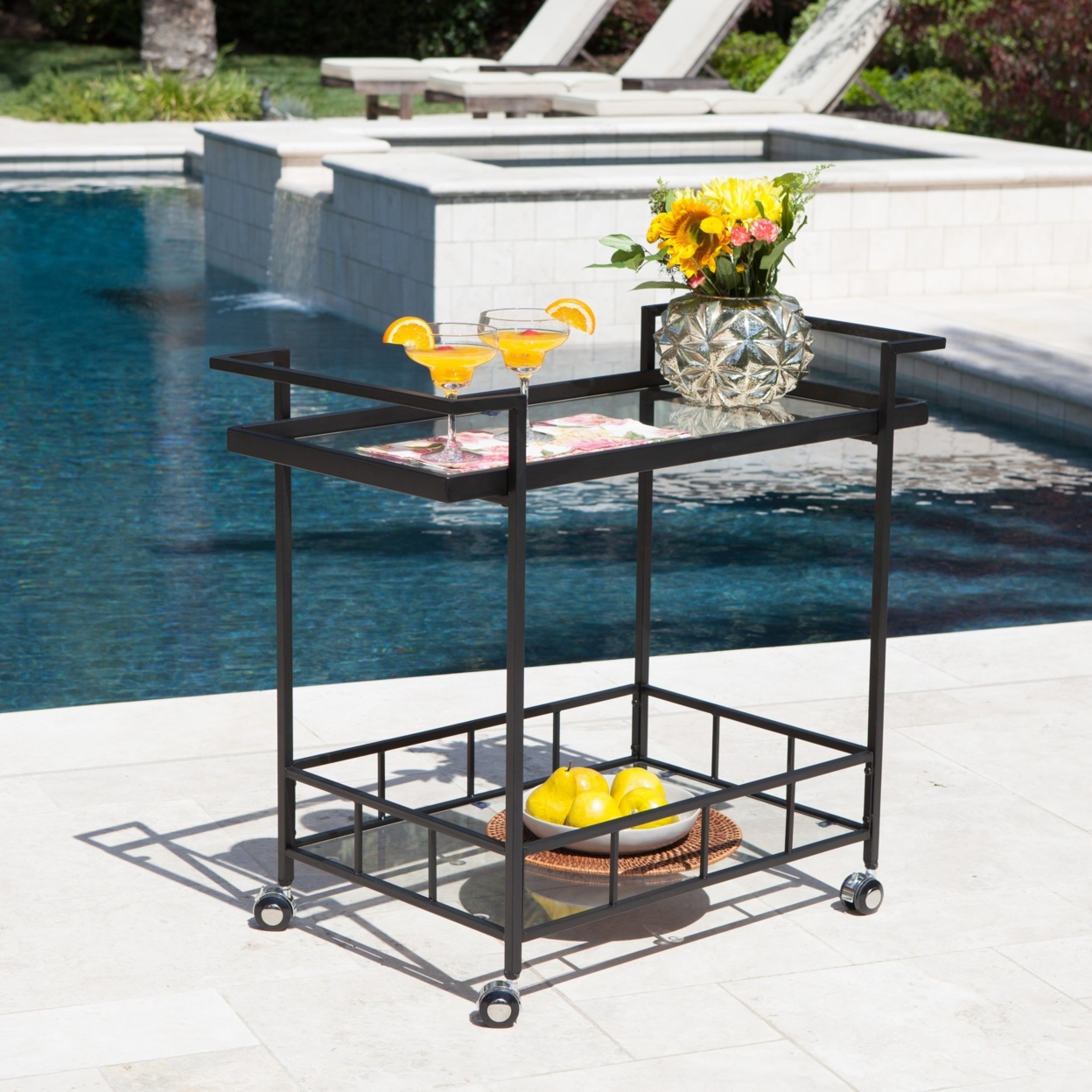 Selma Outdoor Industrial Black Powder Coated Iron Bar Cart With Tempered Glass Shelves