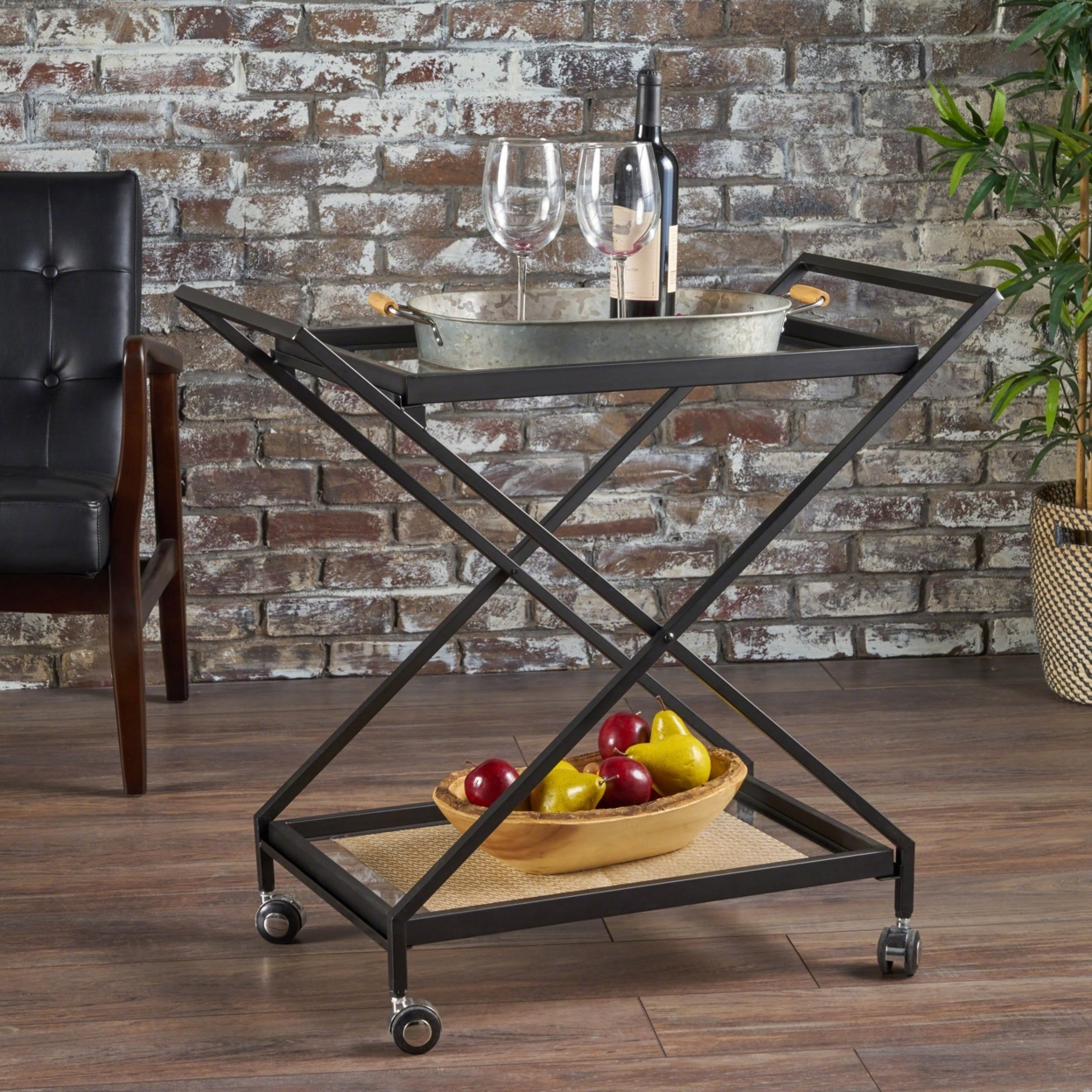 Sheri Industrial Tempered Glass Black Iron Bar Cart With Tempered Glass Shelves