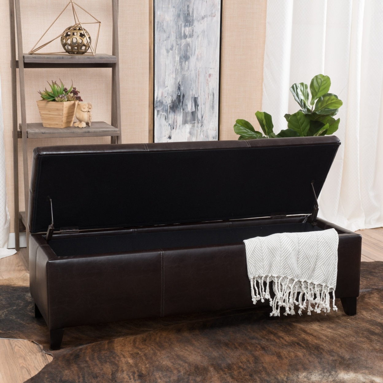 Skyler Brown Leather Storage Ottoman Bench
