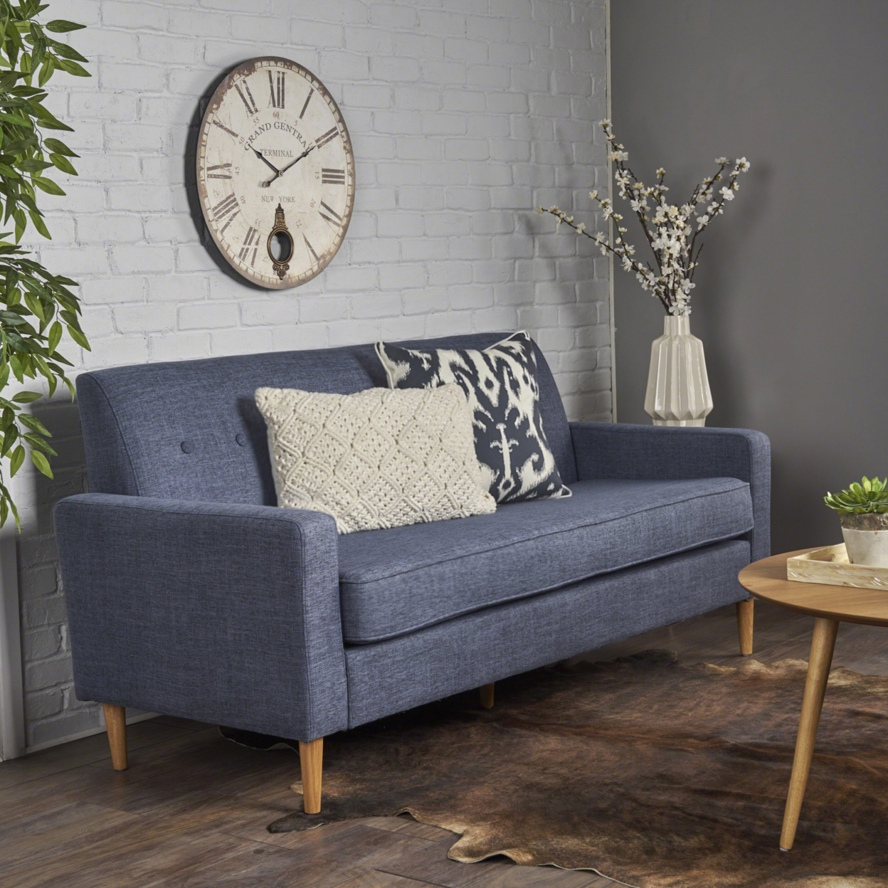 Stratford Mid Century Modern Fabric 3 Seater Sofa - Dark Blue
