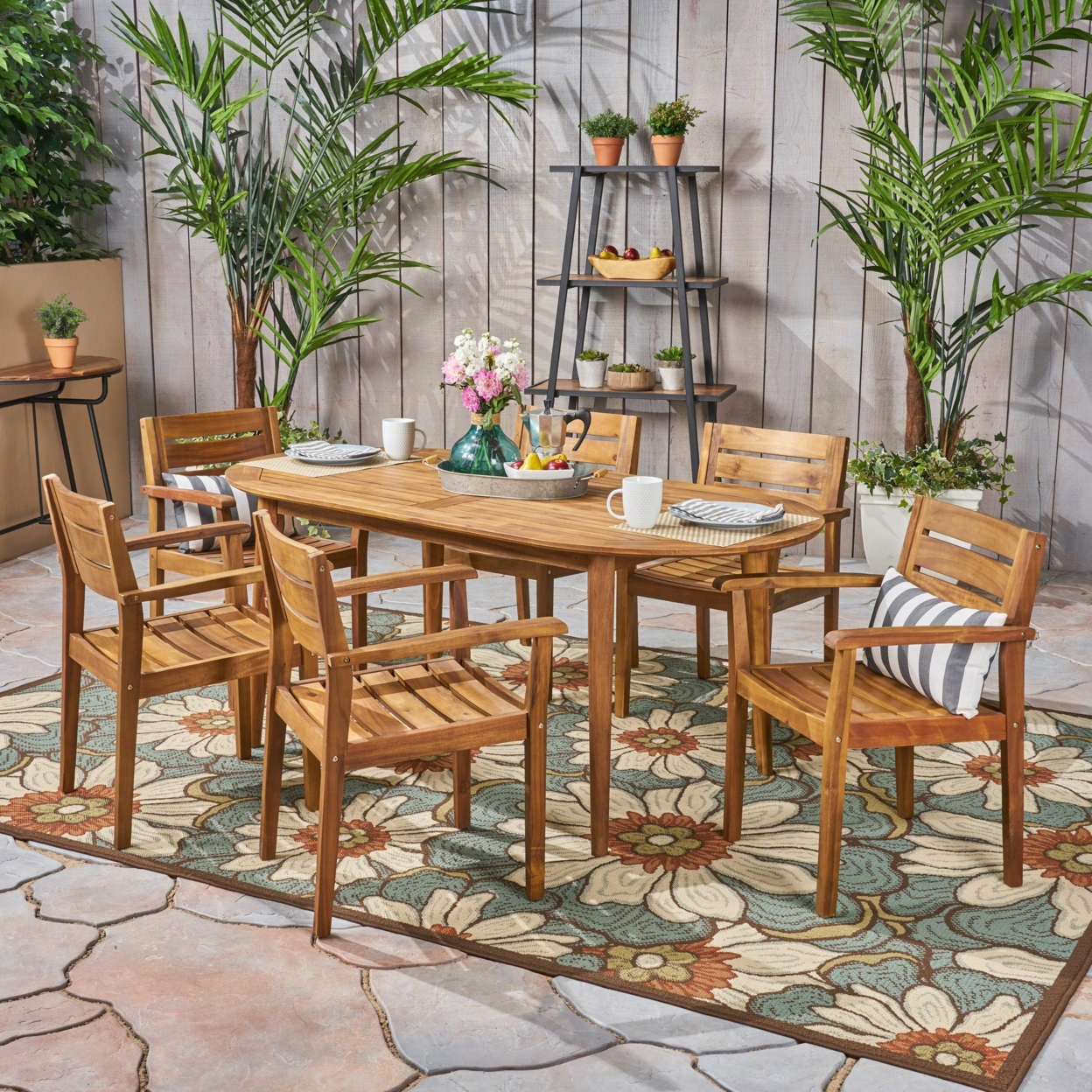 Stanford Patio Dining Set, 71 6-Seater, Oval Table, Acacia Wood With Teak Finish