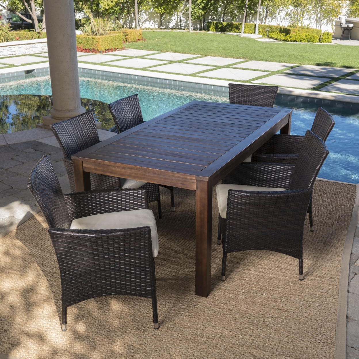Taft Outdoor 7 Piece Dining Set With Dark Brown Finished Wood Table And Chairs