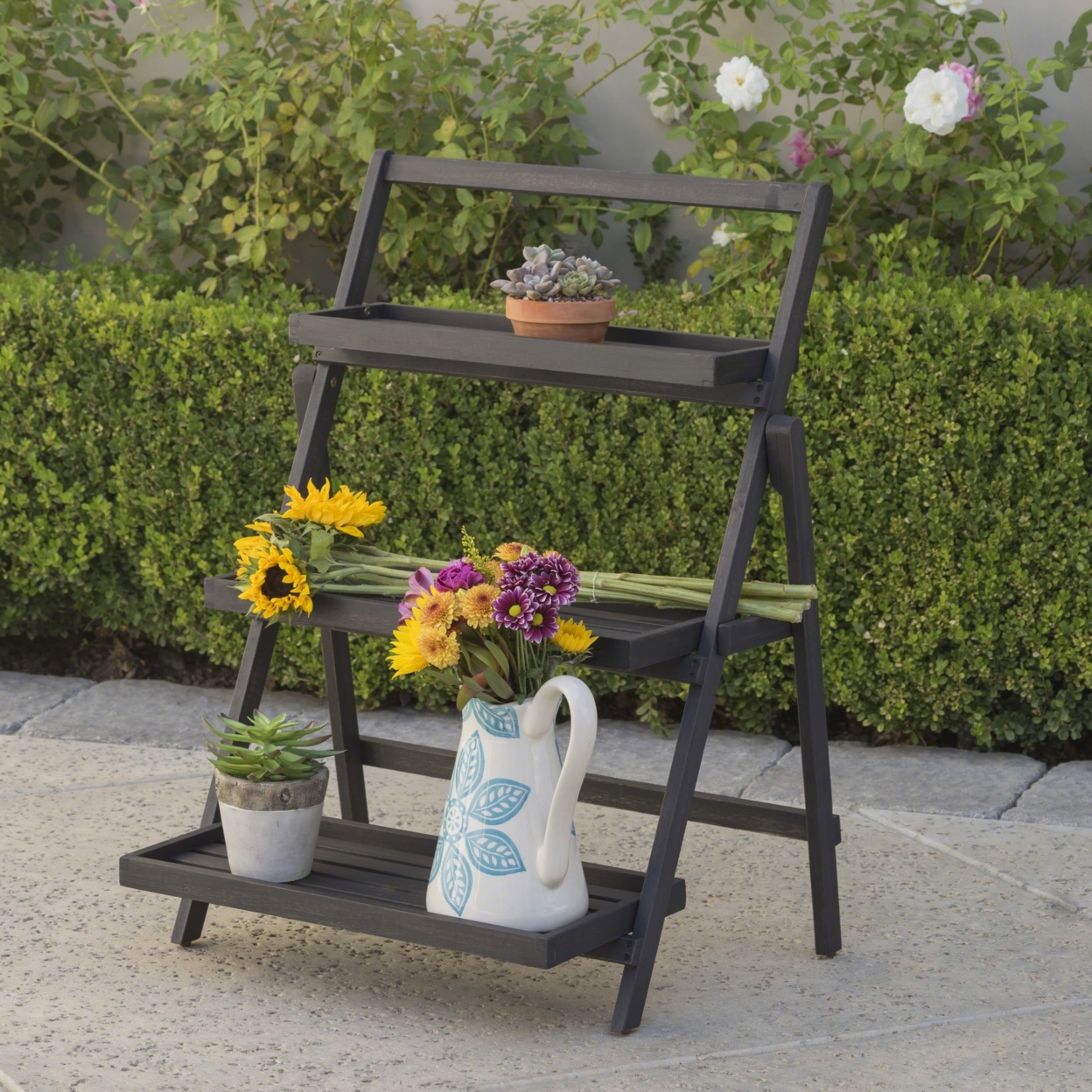 Topside Outdoor Acacia Wood Plant Stand - Dark Gray
