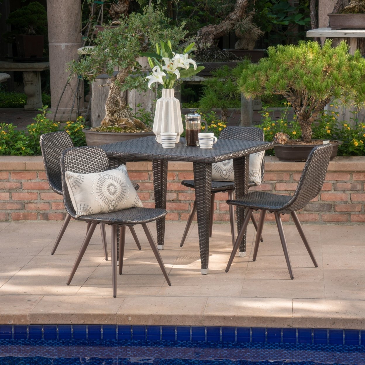 Tomley Outdoor 5 Piece Multi-brown Wicker 35 Inch Square Dining Set