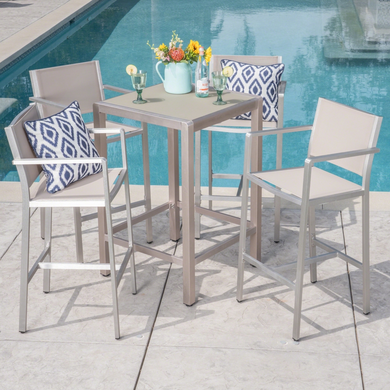 Tracy Outdoor 5 Piece Silver Rust-Proof Aluminum Bar Set With Grey Mesh Seats And Grey Tempered Glass Top Bar Table