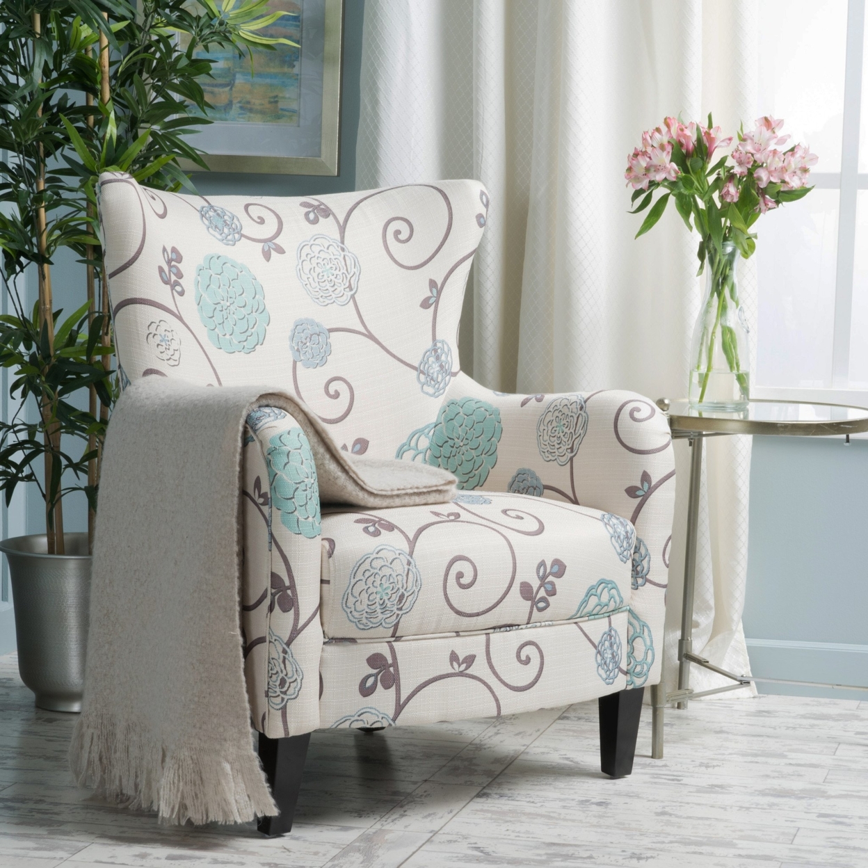 Venette Fabric Club Arm Chair - Ivory Blue Floral