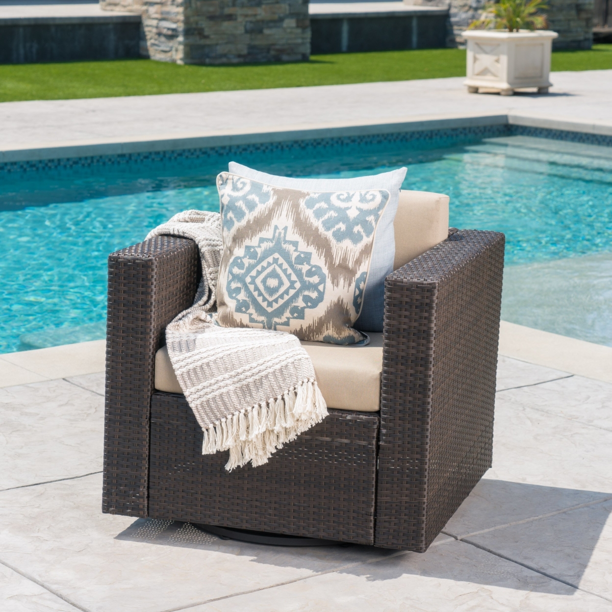 Venice Outdoor Wicker Swivel Club Chair With Water Resistant Cushions - Dark Brown/beige, Set Of 2