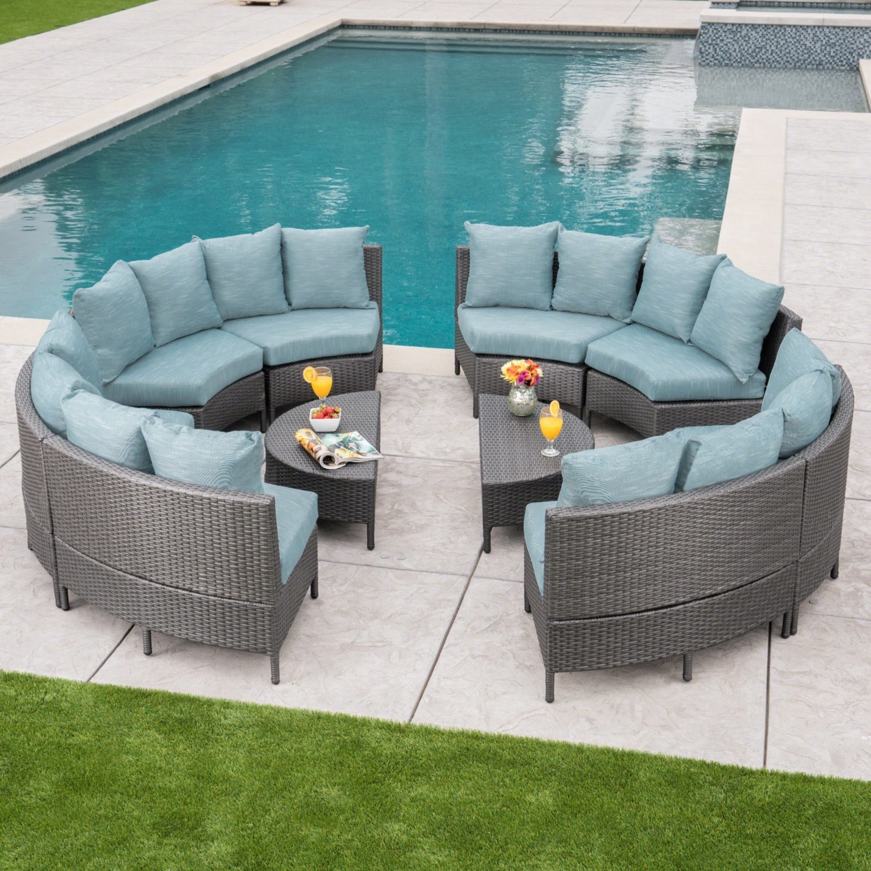 Venice Outdoor 10 Piece Gray Wicker Sectional Sofa Set With Teal Cushions