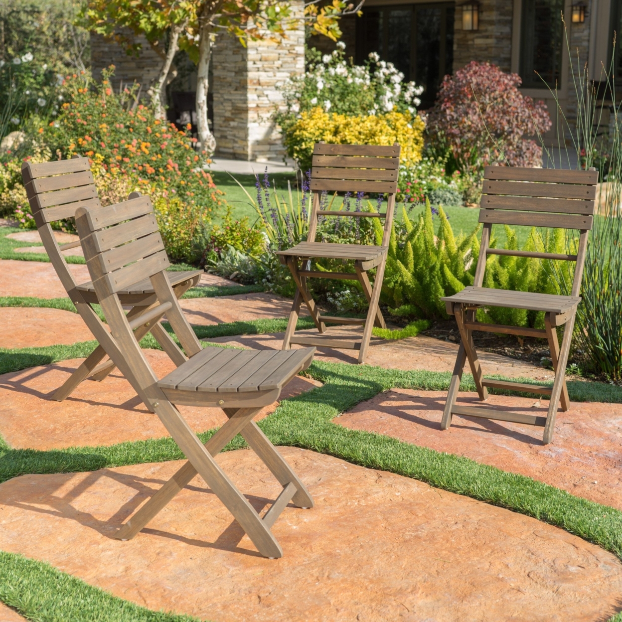Vicaro Outdoor Grey Finish Acacia Wood Foldable Dining Chairs (Set of 4)