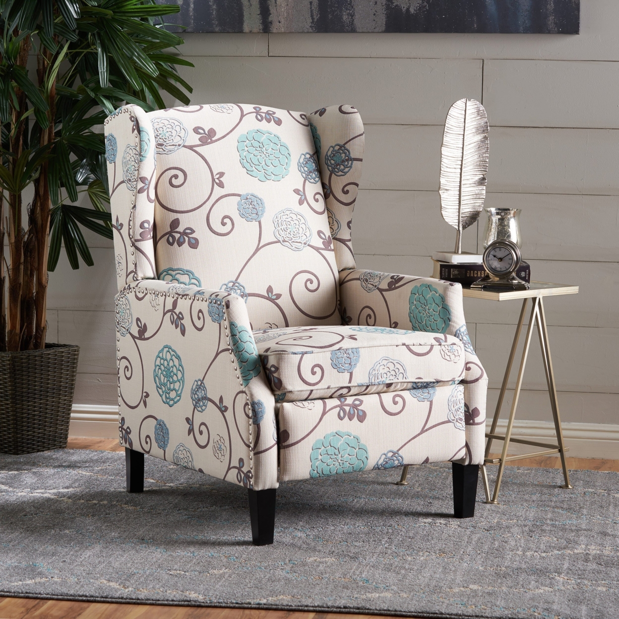 Westeros Traditional Wingback Fabric Recliner Chair - White & Blue Floral