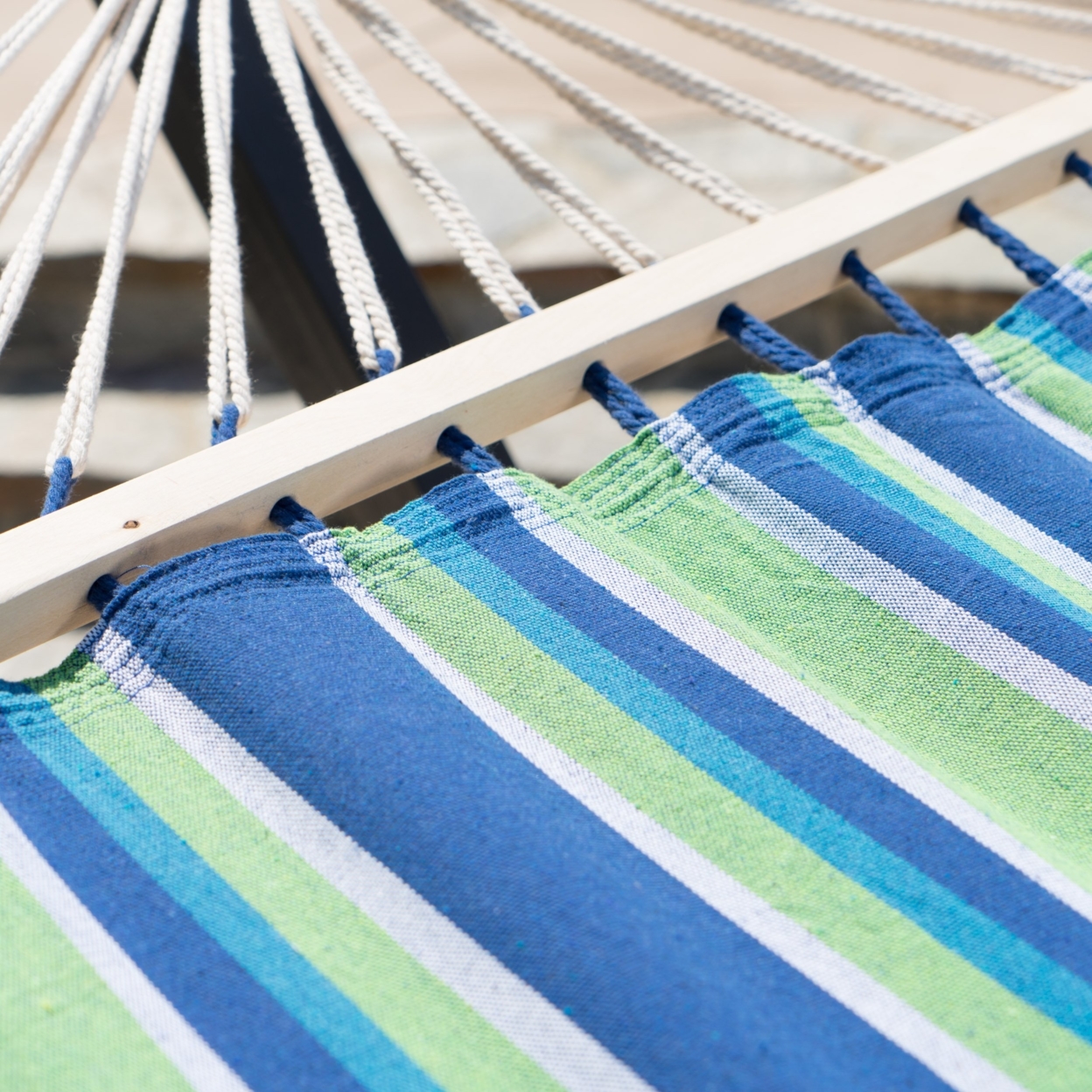 Weston Outdoor Blue, Green, And White Striped Hammock With Wood Frame