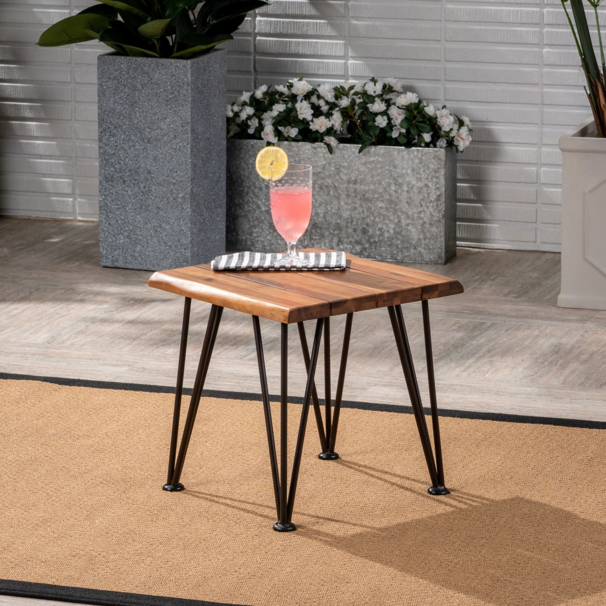 Zahir Outdoor Rustic Industrial Acacia Wood Accent Table With Metal Hairpin Legs - Teak, Single