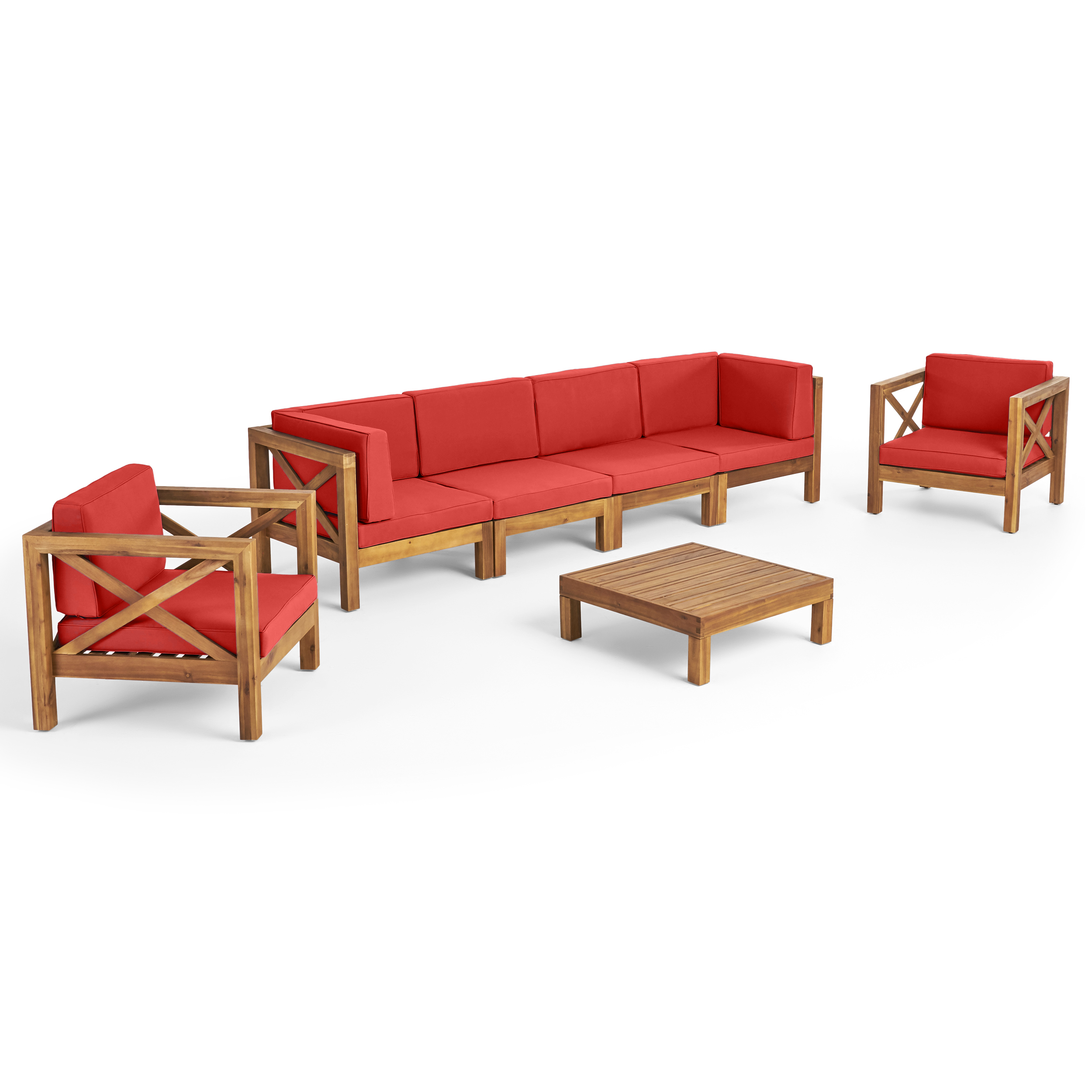 Morgan Outdoor 6 Seater Acacia Wood Sofa Chat Set - Teak + Red