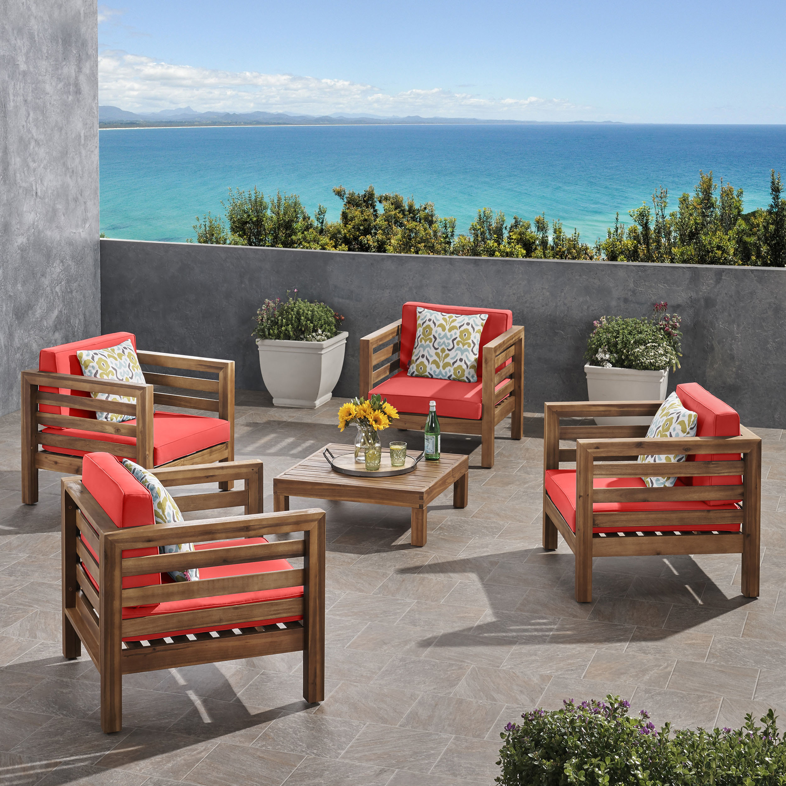 Emma Outdoor 4 Seater Acacia Wood Club Chair And Coffee Table Set - Teak + Red