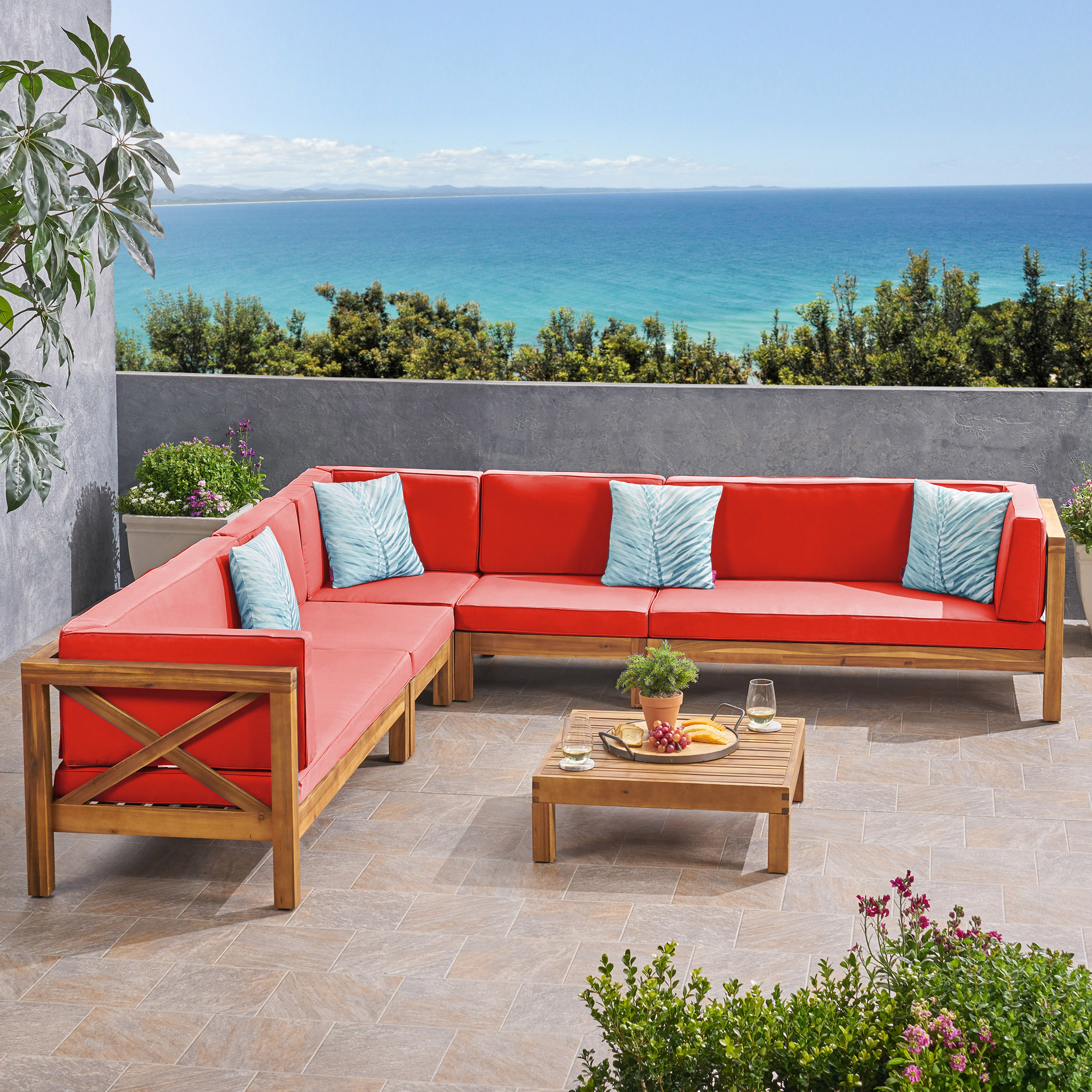 Bunny Outdoor 7 Seater Acacia Wood Sectional Sofa Set - Teak + Red