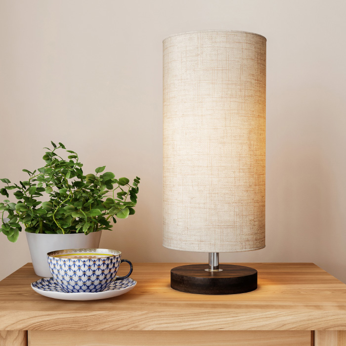 Cylinder Lamp With Wood Base-Modern Light With LED Bulb Included Adjustable Height For Living Room