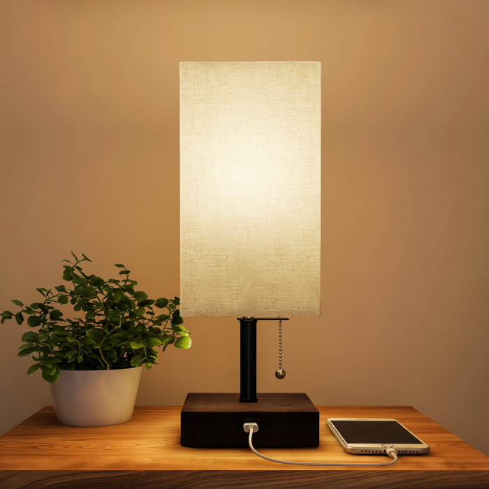 USB Rectangle Lamp With Wood Base-Modern Desk Light, LED Bulb Included, USB Port For Living Room