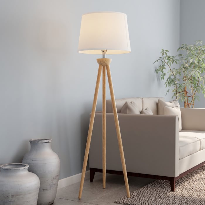 Tripod Floor Lamp-Modern Light With LED Bulb Included-Natural Oak Wood With White Shade