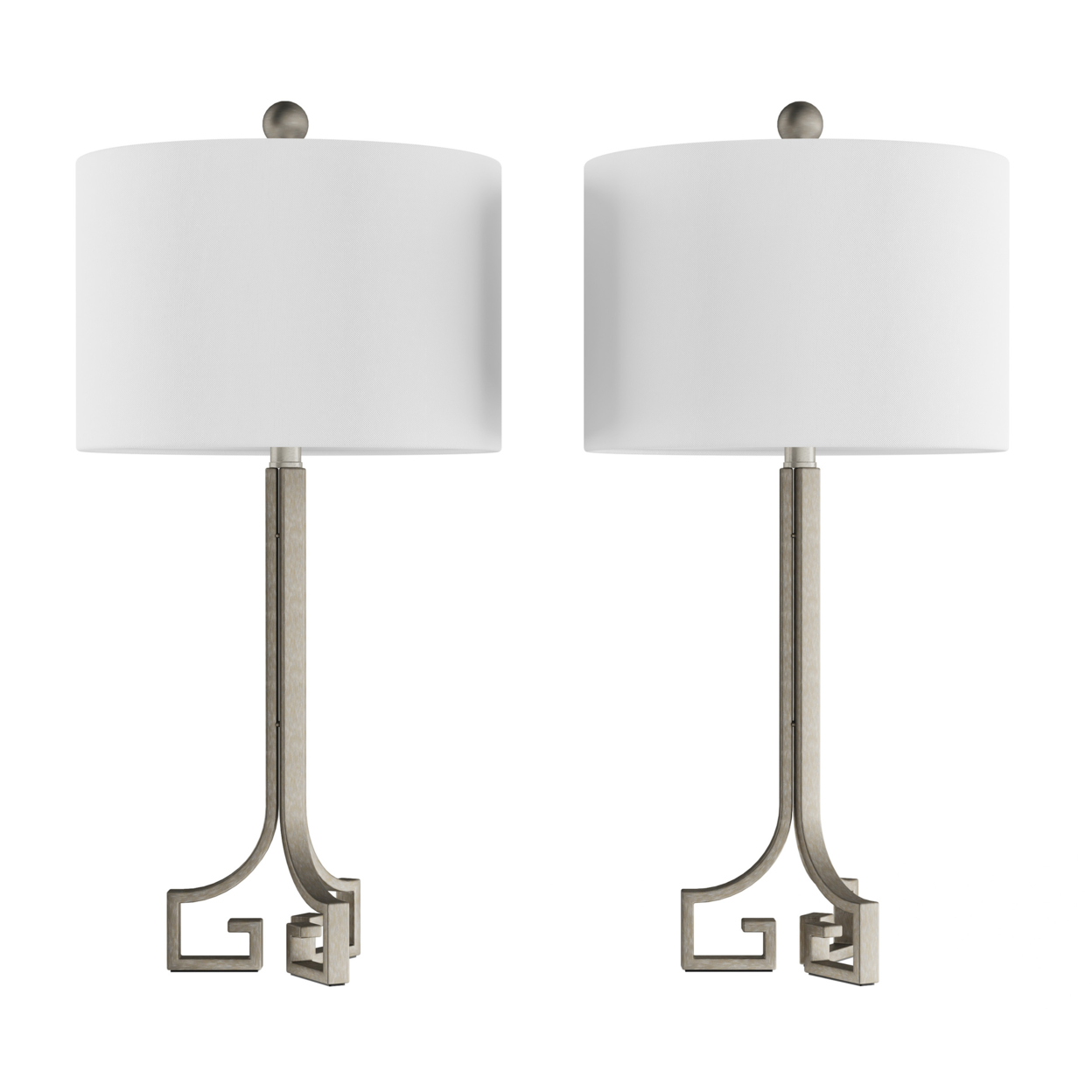 Greek Key Table Lamps-Set Of 2 Modern Lights With LED Bulbs-Antique Silver With Ivory Shades