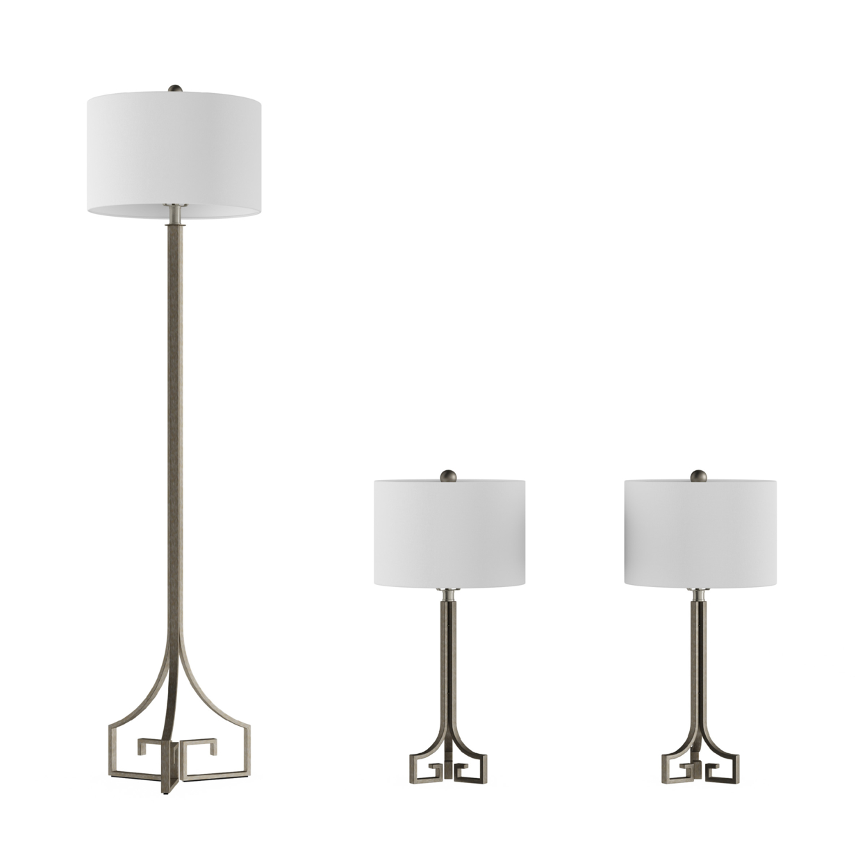 Greek Key Table And Floor Lamps-Set Of 3 Modern Lights With LED Bulbs-Antique Silver With Ivory Shades