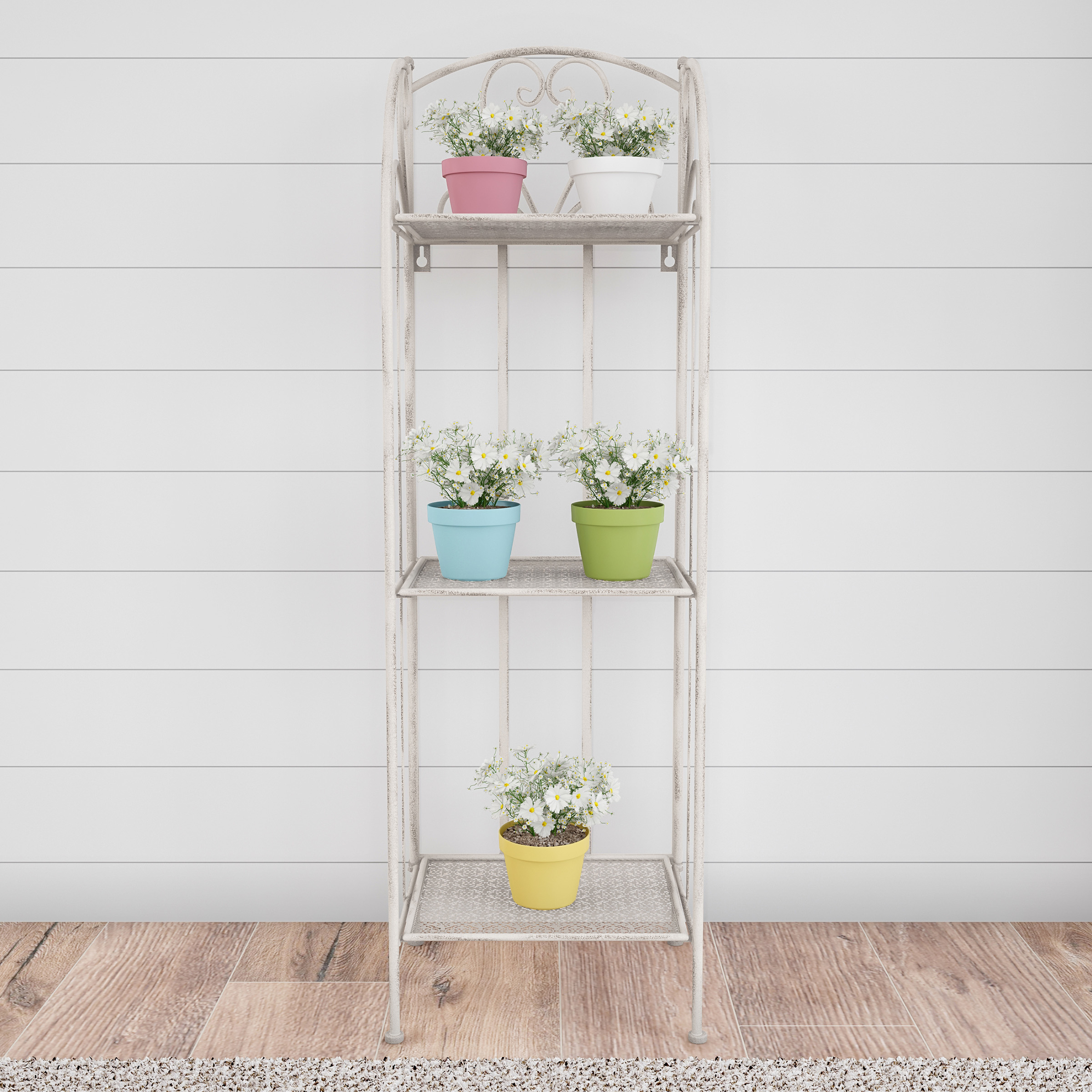 Plant Standâ 3-Tier Vertical Shelf Indoor Or Outdoor Folding Wrought Iron Metal Home And Garden Display Staggered Shelves - Black