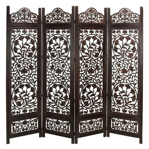80 Inch 4 Panel Room Divider Screen, Cut Out Floral Pattern, Brown