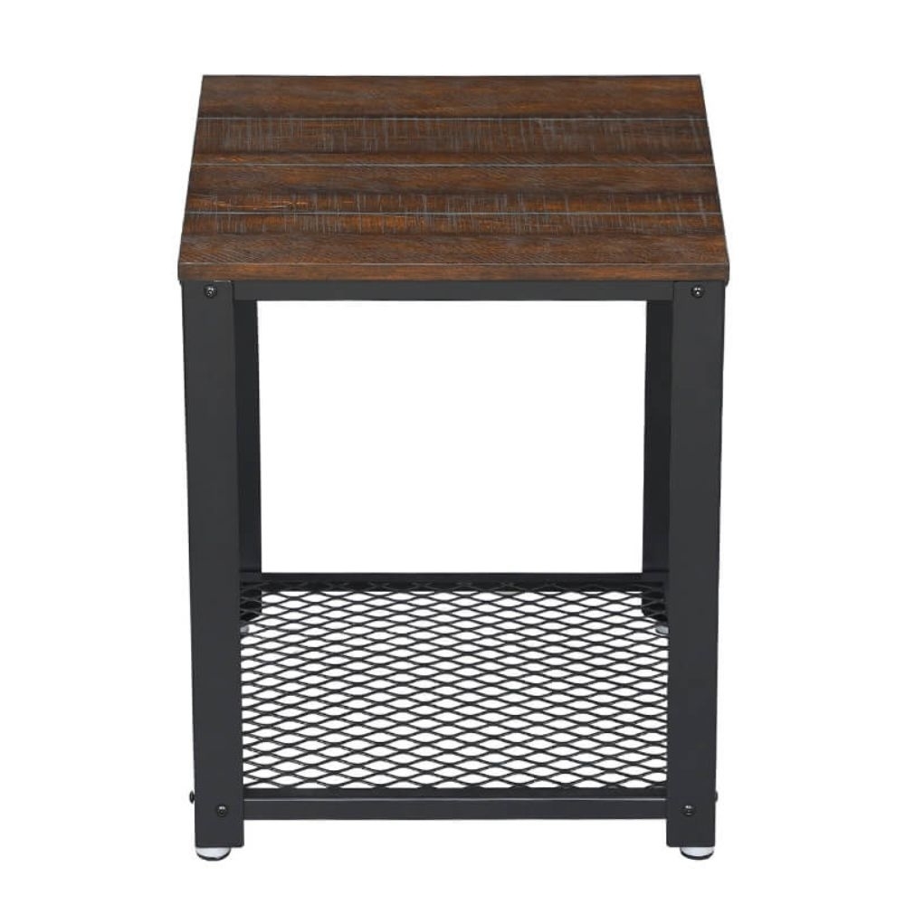 Matt 22 Inch Metal Framed End Side Table, Wood Top, Wire Mesh Open Shelf, Brown, Black- Saltoro Sherpi